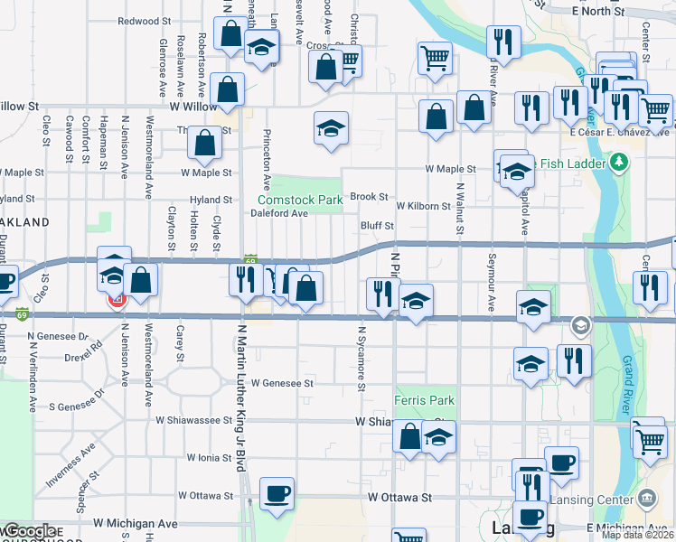 map of restaurants, bars, coffee shops, grocery stores, and more near 744 Wisconsin Avenue in Lansing