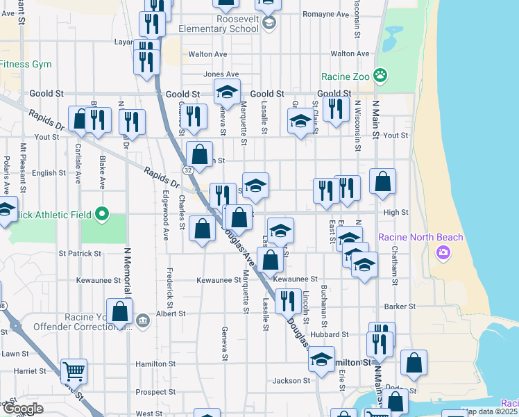 map of restaurants, bars, coffee shops, grocery stores, and more near 1008 High Street in Racine