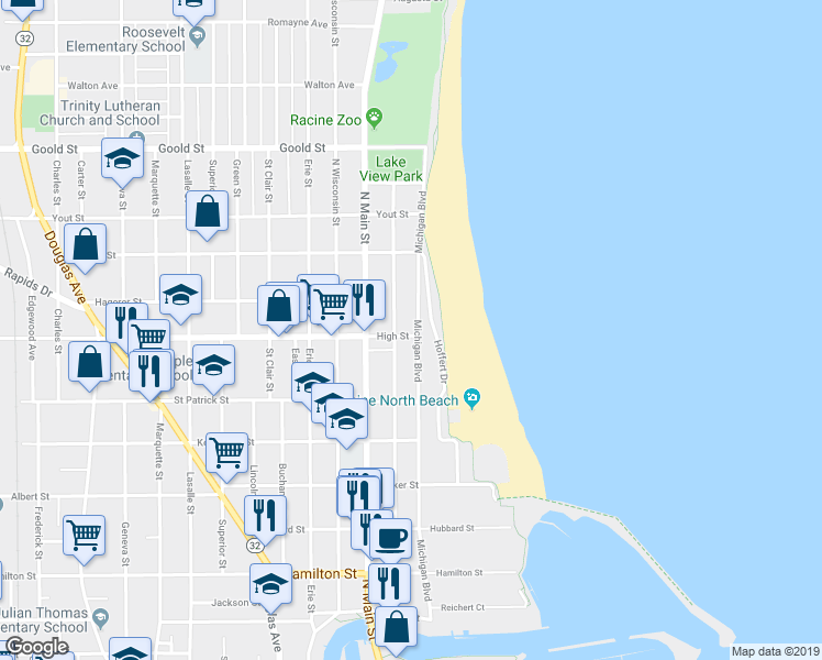 map of restaurants, bars, coffee shops, grocery stores, and more near 1702 Michigan Boulevard in Racine