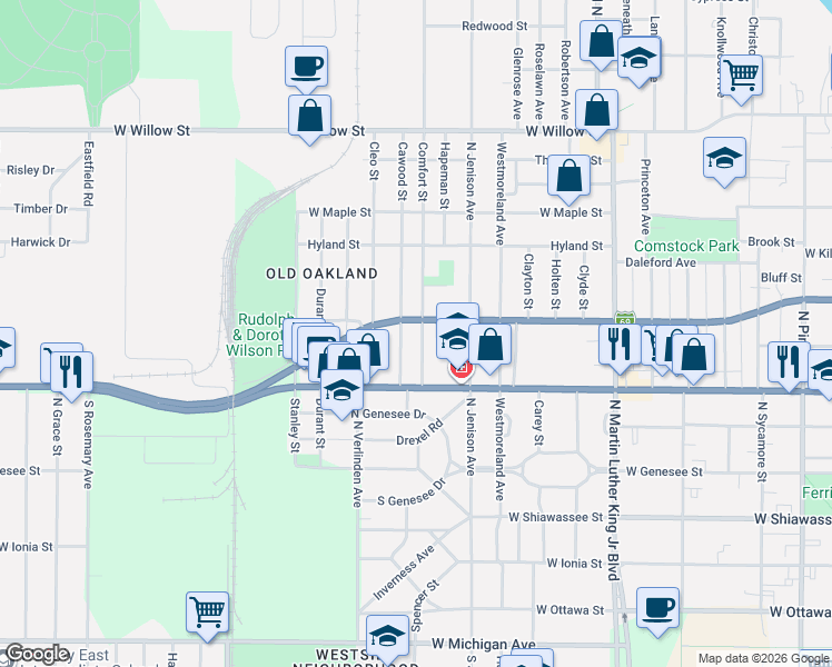 map of restaurants, bars, coffee shops, grocery stores, and more near 747 Comfort Street in Lansing