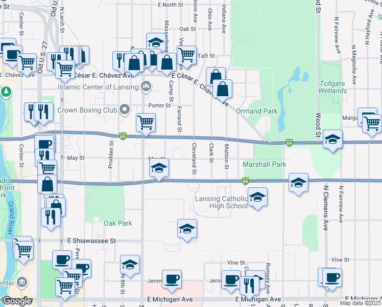 map of restaurants, bars, coffee shops, grocery stores, and more near 807 Cleveland Street in Lansing