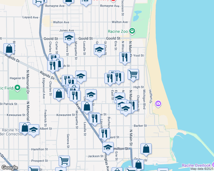 map of restaurants, bars, coffee shops, grocery stores, and more near 704 High Street in Racine