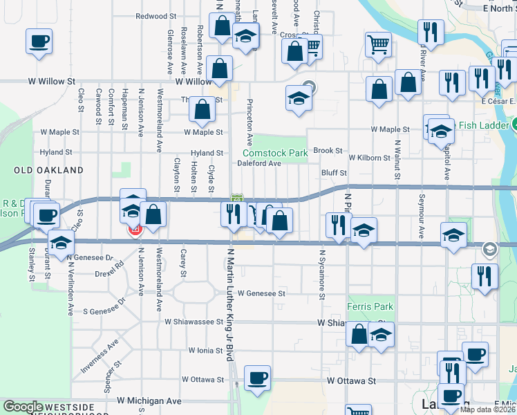 map of restaurants, bars, coffee shops, grocery stores, and more near 750 Princeton Avenue in Lansing