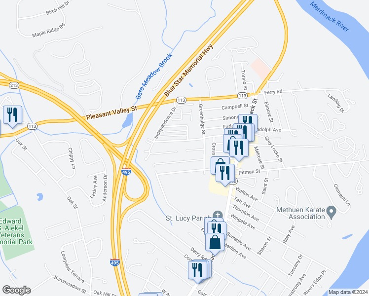 map of restaurants, bars, coffee shops, grocery stores, and more near 27 Gaston St in Methuen