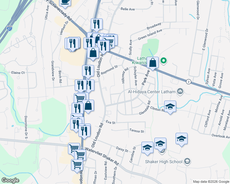 map of restaurants, bars, coffee shops, grocery stores, and more near 17 Summit Avenue in Latham