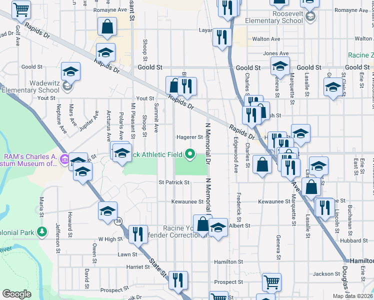 map of restaurants, bars, coffee shops, grocery stores, and more near 1718 High Street in Racine
