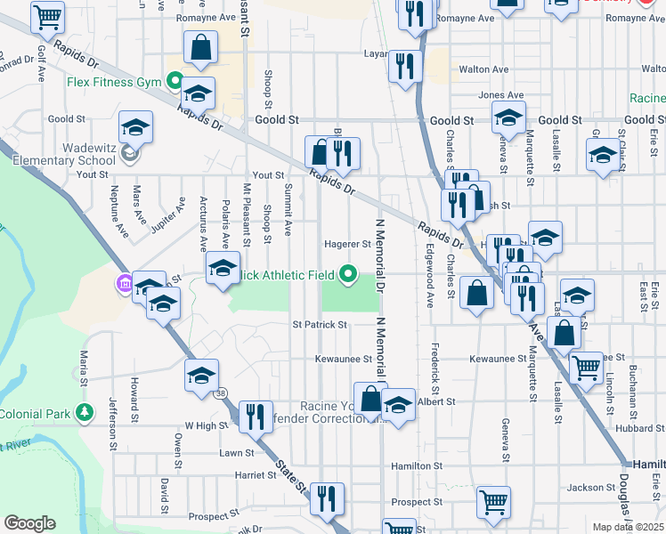 map of restaurants, bars, coffee shops, grocery stores, and more near 1718 High Street in Racine