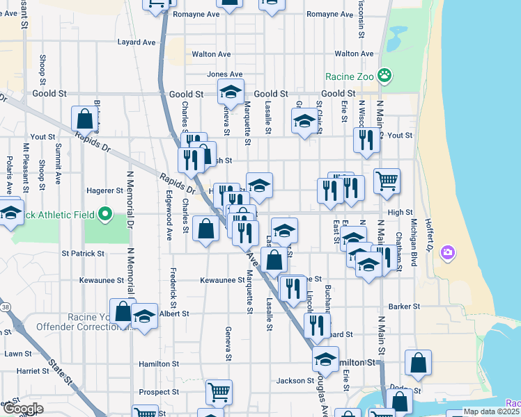 map of restaurants, bars, coffee shops, grocery stores, and more near 1008 High Street in Racine