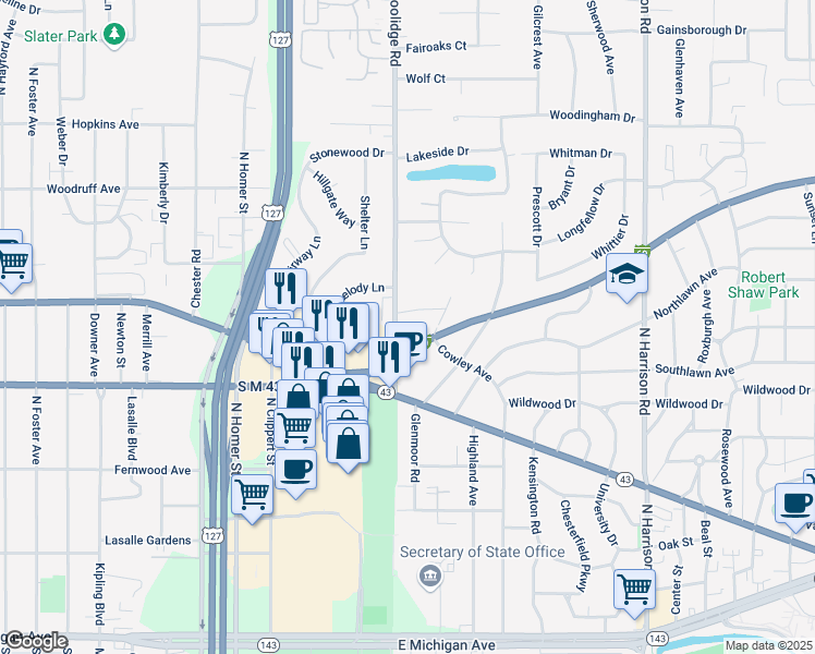 map of restaurants, bars, coffee shops, grocery stores, and more near 1410 West Saginaw Street in East Lansing