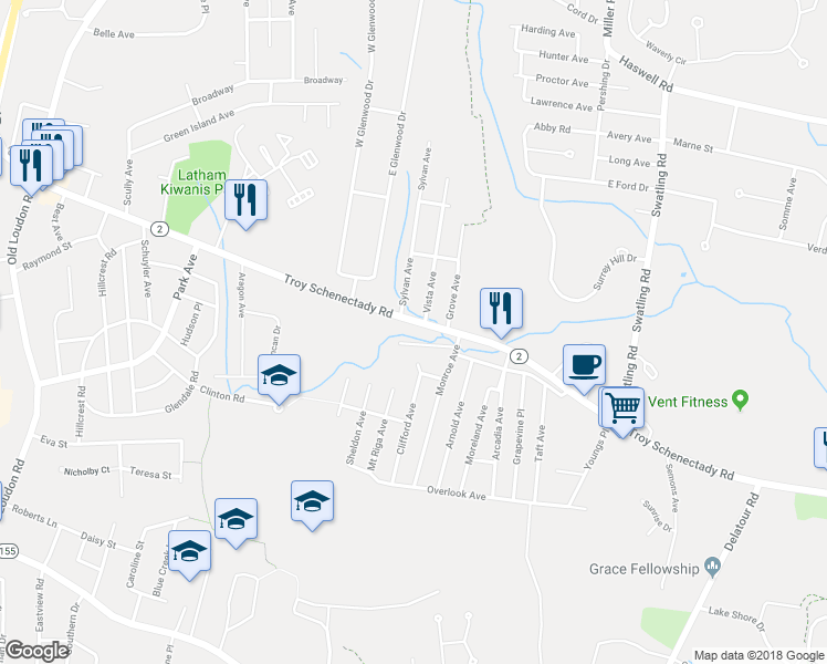 map of restaurants, bars, coffee shops, grocery stores, and more near 302 Troy Schenectady Road in Latham