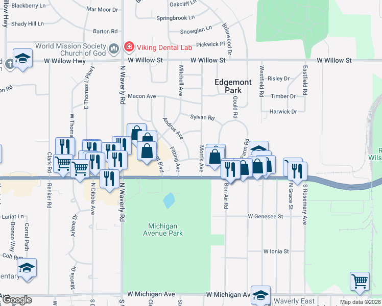map of restaurants, bars, coffee shops, grocery stores, and more near 808 Andrus Avenue in Lansing