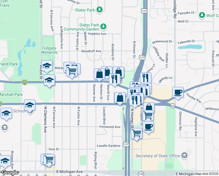 map of restaurants, bars, coffee shops, grocery stores, and more near 802 Merrill Avenue in Lansing