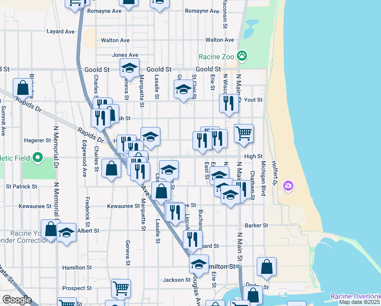 map of restaurants, bars, coffee shops, grocery stores, and more near 704 High Street in Racine