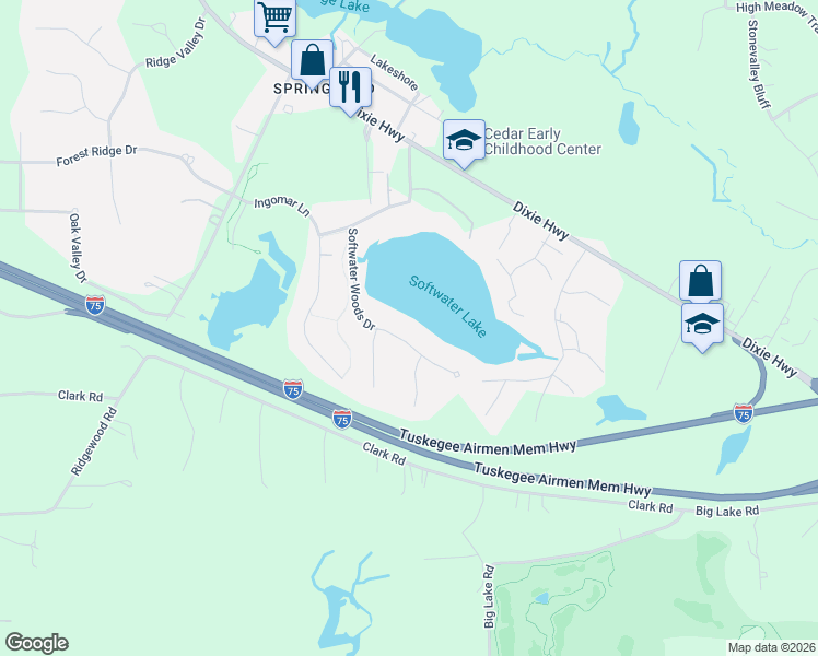 map of restaurants, bars, coffee shops, grocery stores, and more near 9188 Softwater Woods Drive in Clarkston