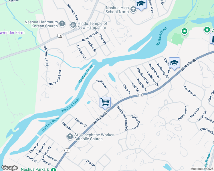 map of restaurants, bars, coffee shops, grocery stores, and more near 31 Norma Drive in Nashua