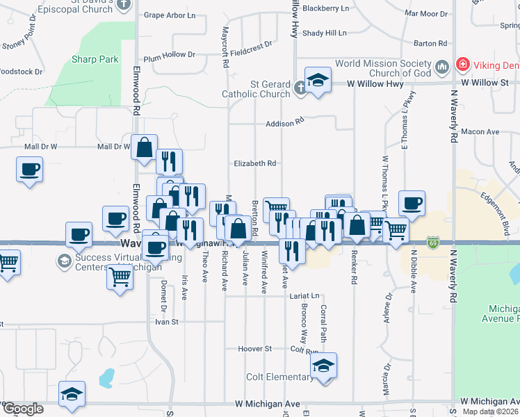 map of restaurants, bars, coffee shops, grocery stores, and more near 800 Bretton Road in Lansing
