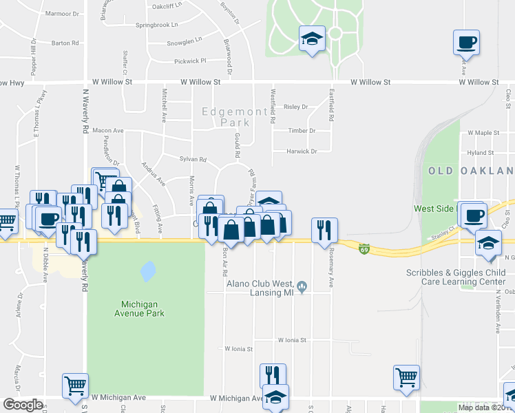 map of restaurants, bars, coffee shops, grocery stores, and more near 750 Dryer Farm Road in Lansing