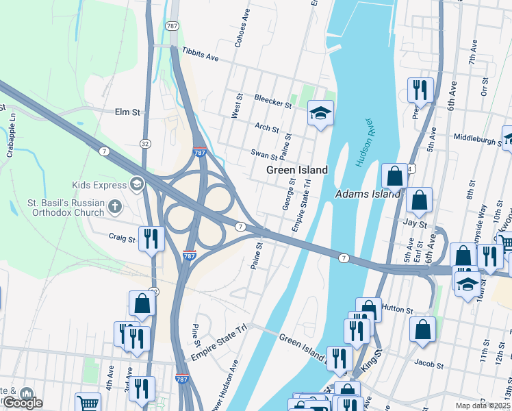 map of restaurants, bars, coffee shops, grocery stores, and more near 20 Clinton Street in Troy