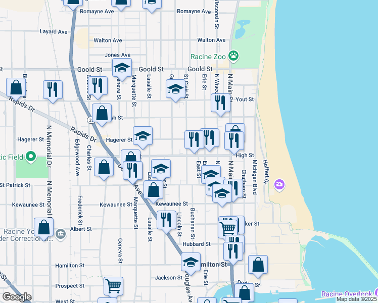 map of restaurants, bars, coffee shops, grocery stores, and more near 704 High Street in Racine
