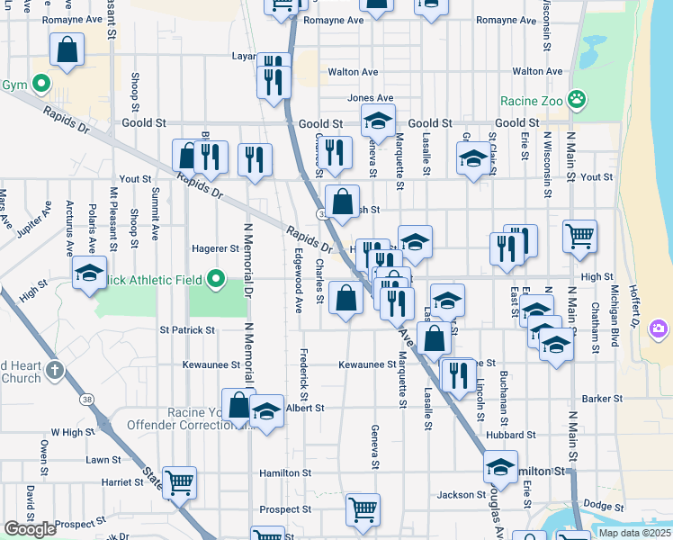 map of restaurants, bars, coffee shops, grocery stores, and more near 1719 Charles Street in Racine