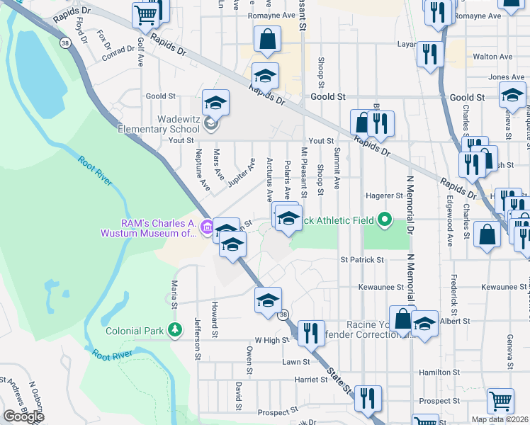 map of restaurants, bars, coffee shops, grocery stores, and more near 1703 Arcturus Avenue in Racine
