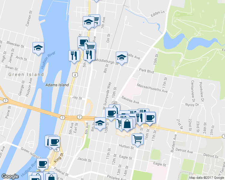 map of restaurants, bars, coffee shops, grocery stores, and more near 395 10th Street in Troy