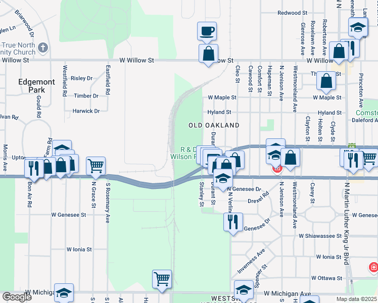 map of restaurants, bars, coffee shops, grocery stores, and more near Westside Park in Lansing