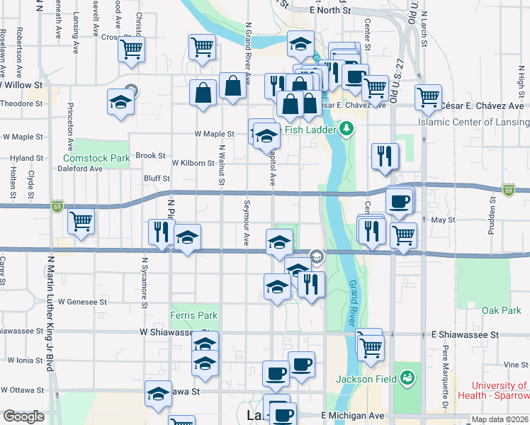 map of restaurants, bars, coffee shops, grocery stores, and more near 804 Seymour Avenue in Lansing