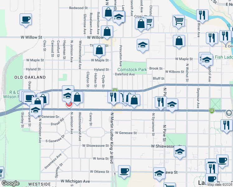 map of restaurants, bars, coffee shops, grocery stores, and more near 744 North Martin Luther King Junior Boulevard in Lansing
