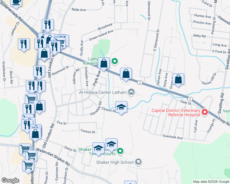 map of restaurants, bars, coffee shops, grocery stores, and more near 14 Aragon Avenue in Latham
