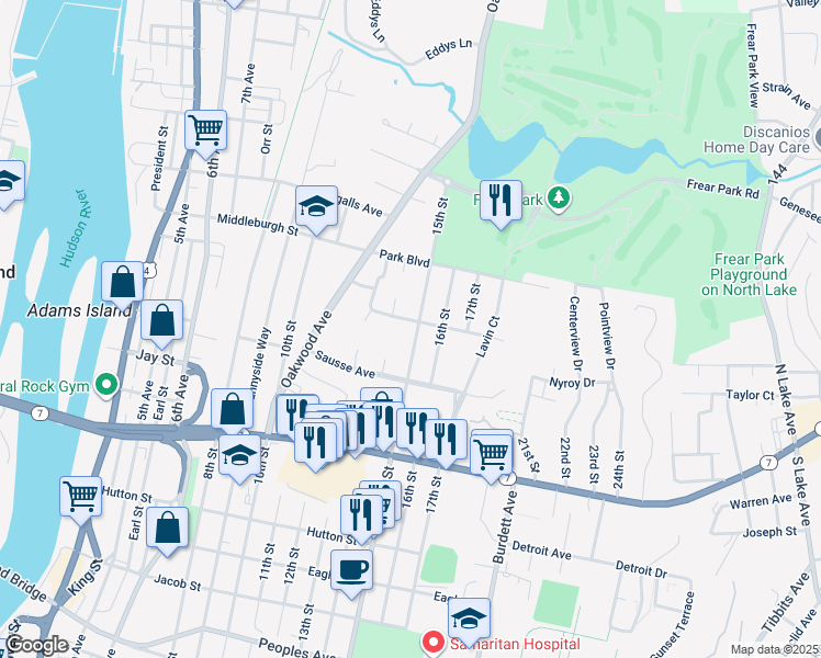 map of restaurants, bars, coffee shops, grocery stores, and more near 2519 15th Street in Troy