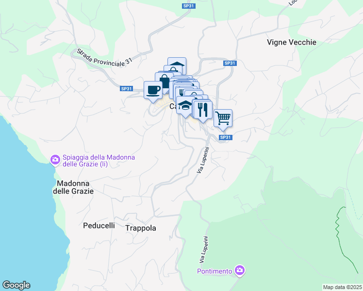 map of restaurants, bars, coffee shops, grocery stores, and more near 24 Via dei Caduti in Capoliveri