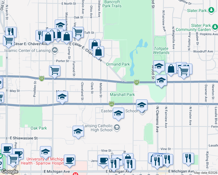 map of restaurants, bars, coffee shops, grocery stores, and more near 810 Maryland Avenue in Lansing