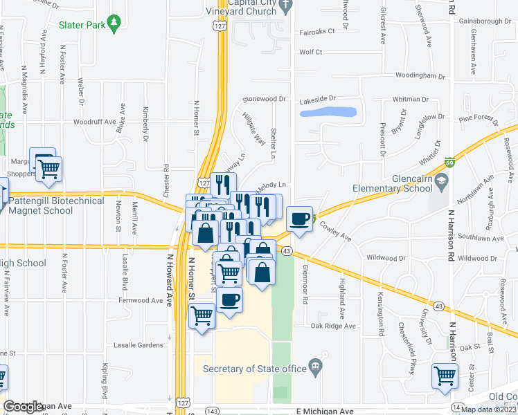 map of restaurants, bars, coffee shops, grocery stores, and more near 3208 Holiday Drive in Lansing
