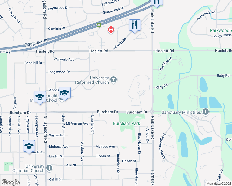 map of restaurants, bars, coffee shops, grocery stores, and more near Timberlane Street in East Lansing