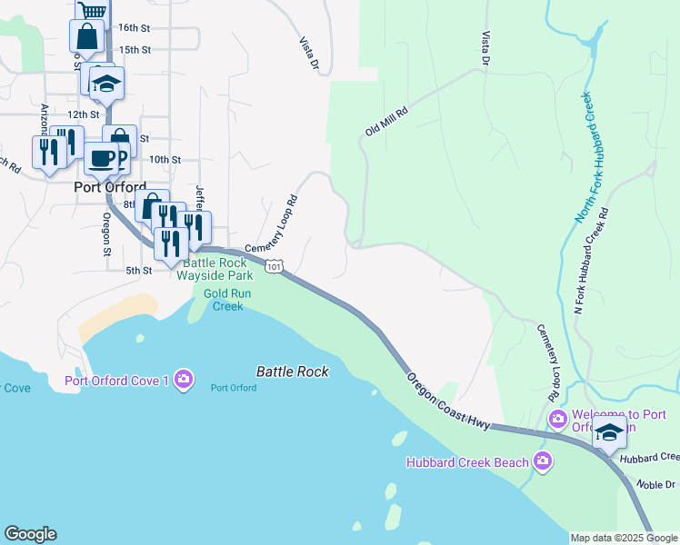 map of restaurants, bars, coffee shops, grocery stores, and more near 92978 Cemetery Loop Road in Port Orford