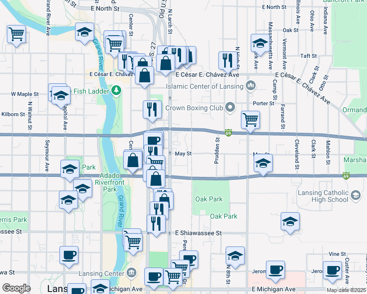 map of restaurants, bars, coffee shops, grocery stores, and more near 619 May St in Lansing