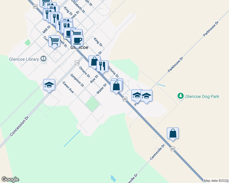 map of restaurants, bars, coffee shops, grocery stores, and more near 130 Main Street in Glencoe