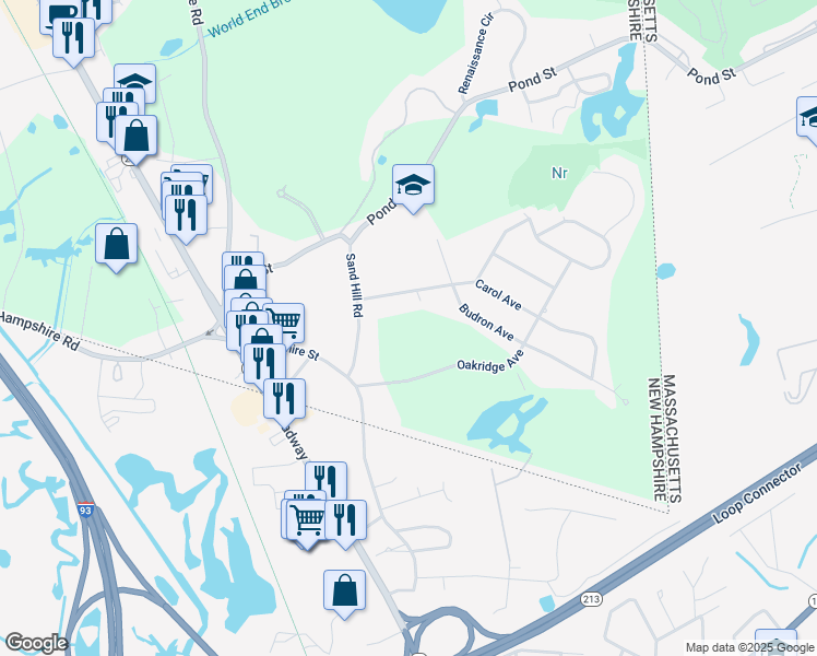map of restaurants, bars, coffee shops, grocery stores, and more near 17 Sand Hill Road in Salem