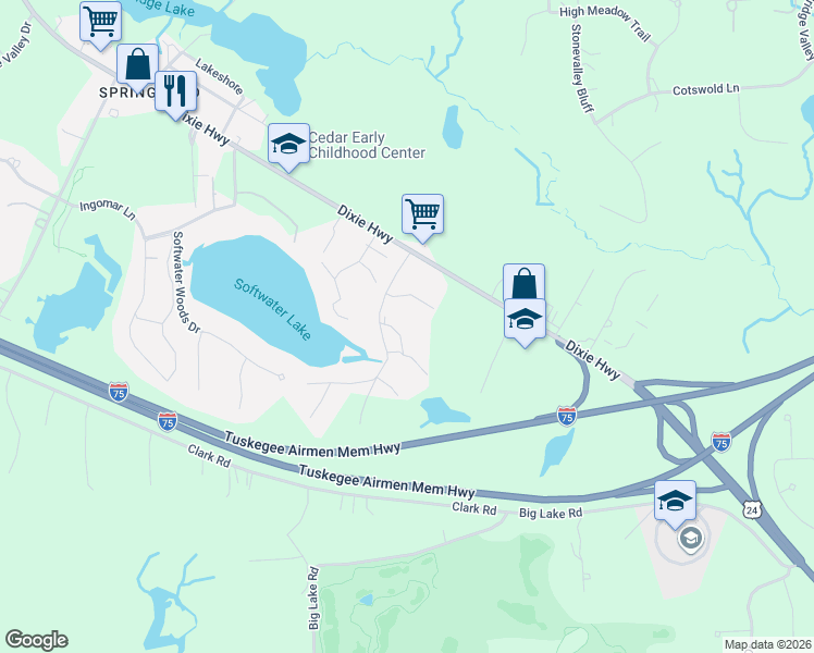 map of restaurants, bars, coffee shops, grocery stores, and more near 7230 Bluewater Drive in Clarkston