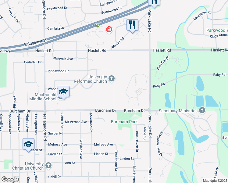 map of restaurants, bars, coffee shops, grocery stores, and more near Timberlane Street in East Lansing