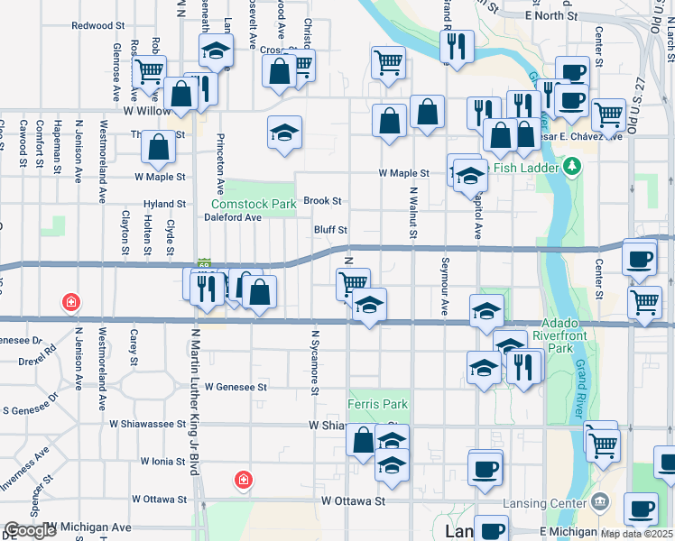 map of restaurants, bars, coffee shops, grocery stores, and more near 626 West Madison Street in Lansing