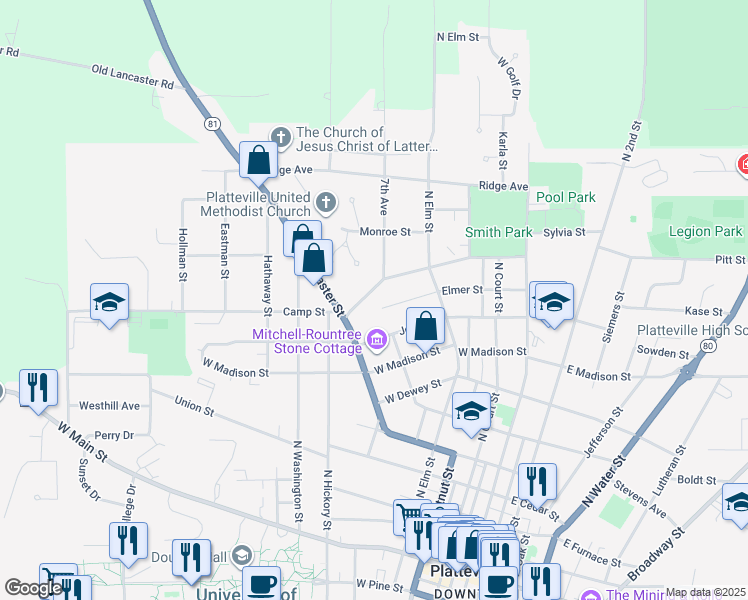 map of restaurants, bars, coffee shops, grocery stores, and more near 535 Camp Street in Platteville