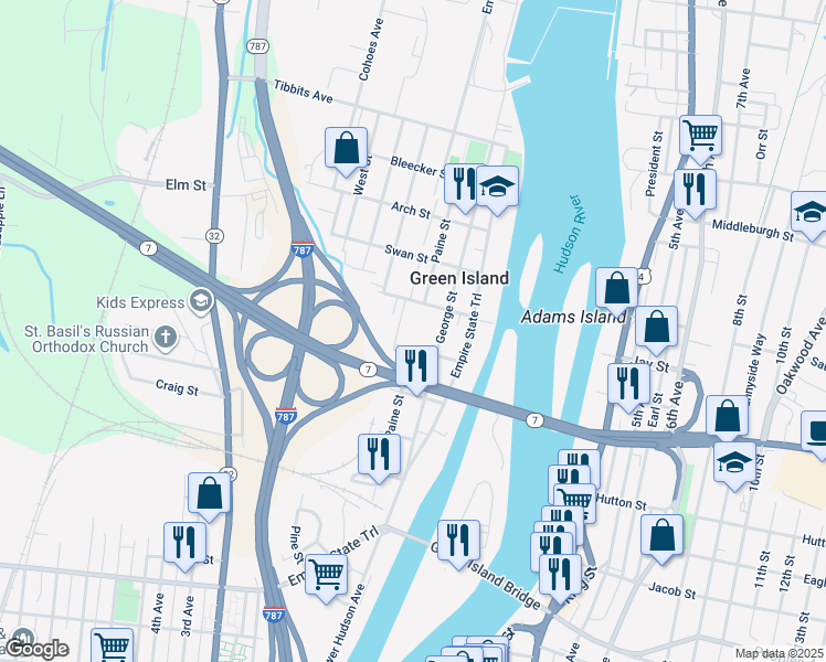 map of restaurants, bars, coffee shops, grocery stores, and more near 20 Clinton Street in Troy