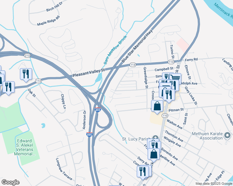 map of restaurants, bars, coffee shops, grocery stores, and more near 112 Ford Street in Methuen