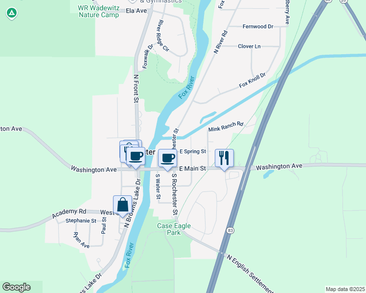 map of restaurants, bars, coffee shops, grocery stores, and more near 300 East Spring Street in Burlington