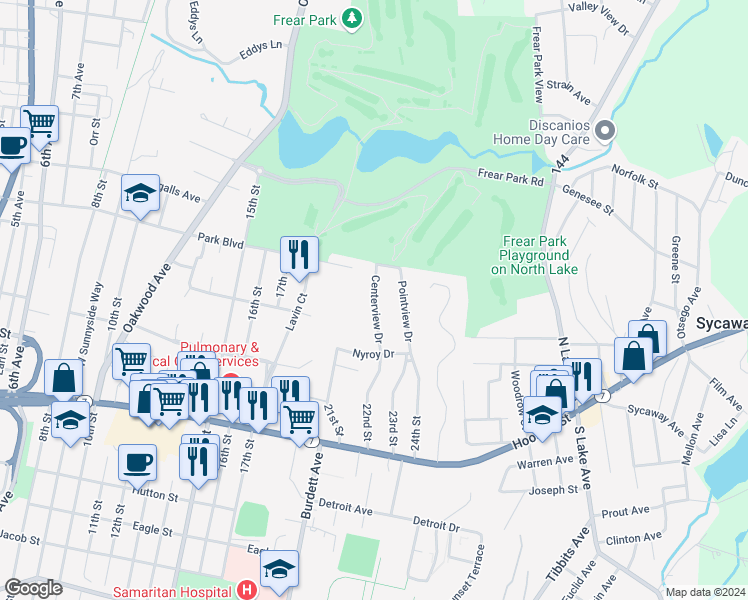 map of restaurants, bars, coffee shops, grocery stores, and more near 26 Centerview Drive in Troy