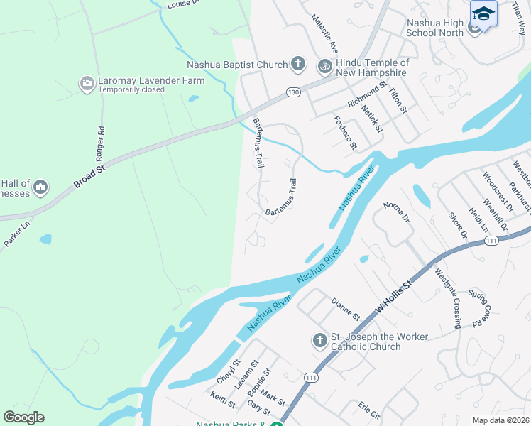 map of restaurants, bars, coffee shops, grocery stores, and more near 2 Mayfair Lane in Nashua