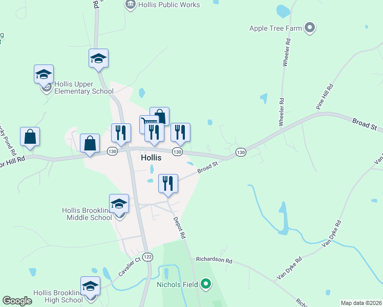 map of restaurants, bars, coffee shops, grocery stores, and more near 20 Ash St in Hollis