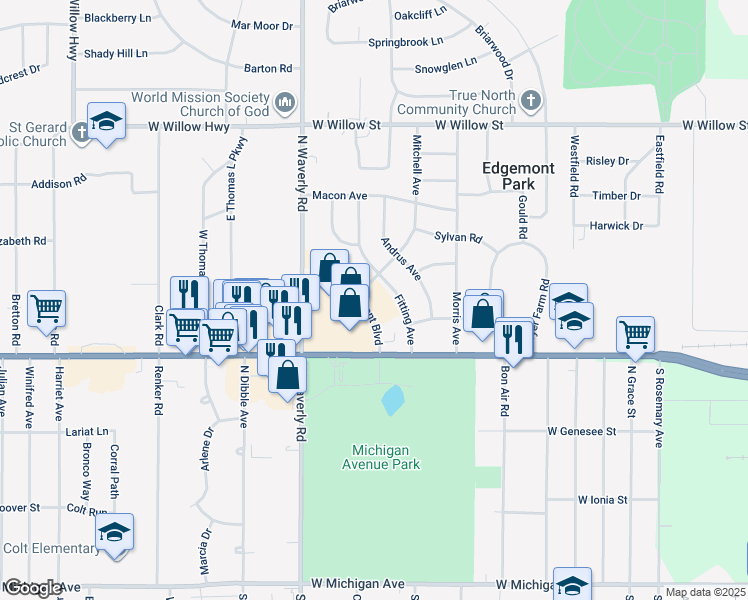 map of restaurants, bars, coffee shops, grocery stores, and more near 750 Edgemont Boulevard in Lansing